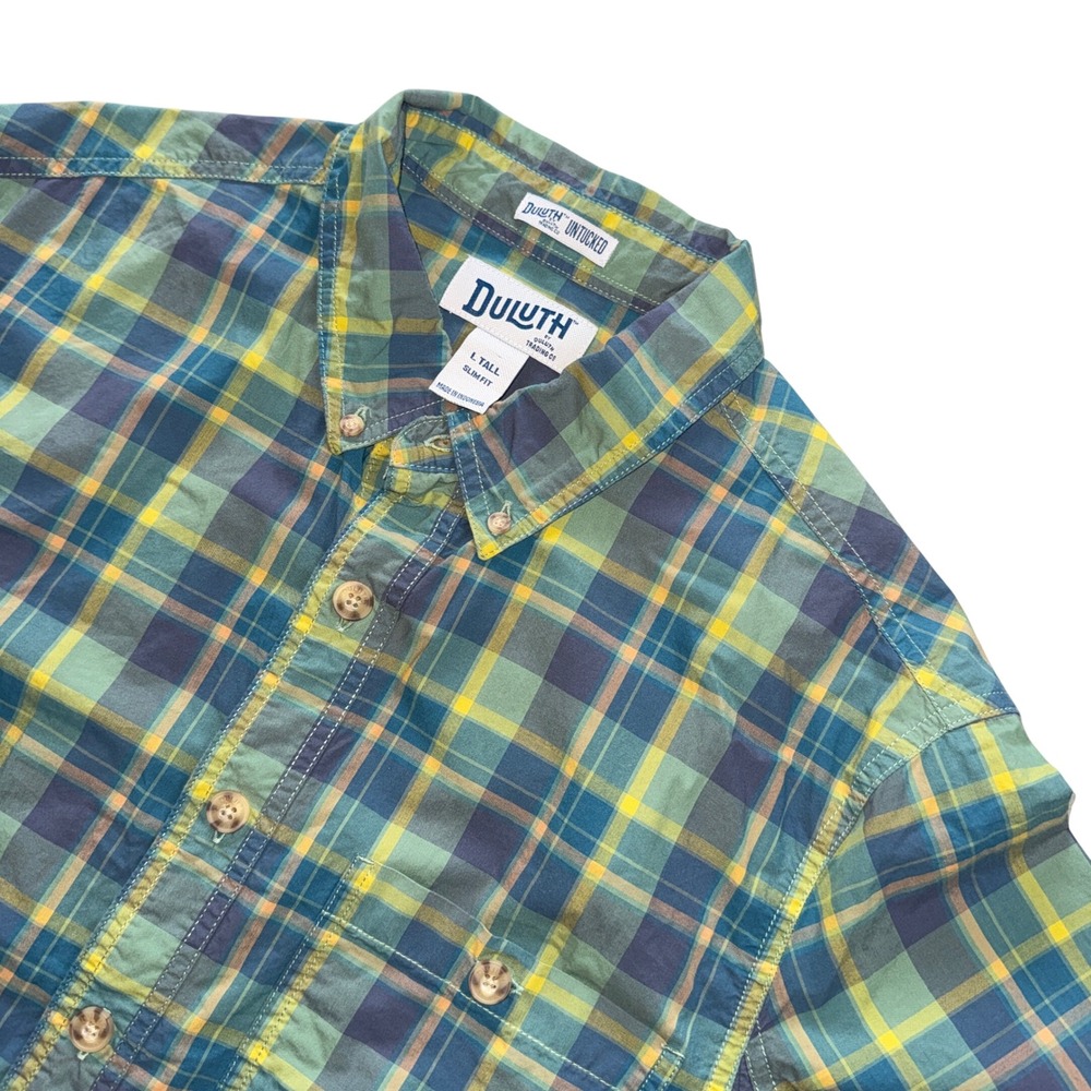 Duluth Trading Co Plaid Shirt L Tall Blue Green Yellow Slim Fit Untucked S/S